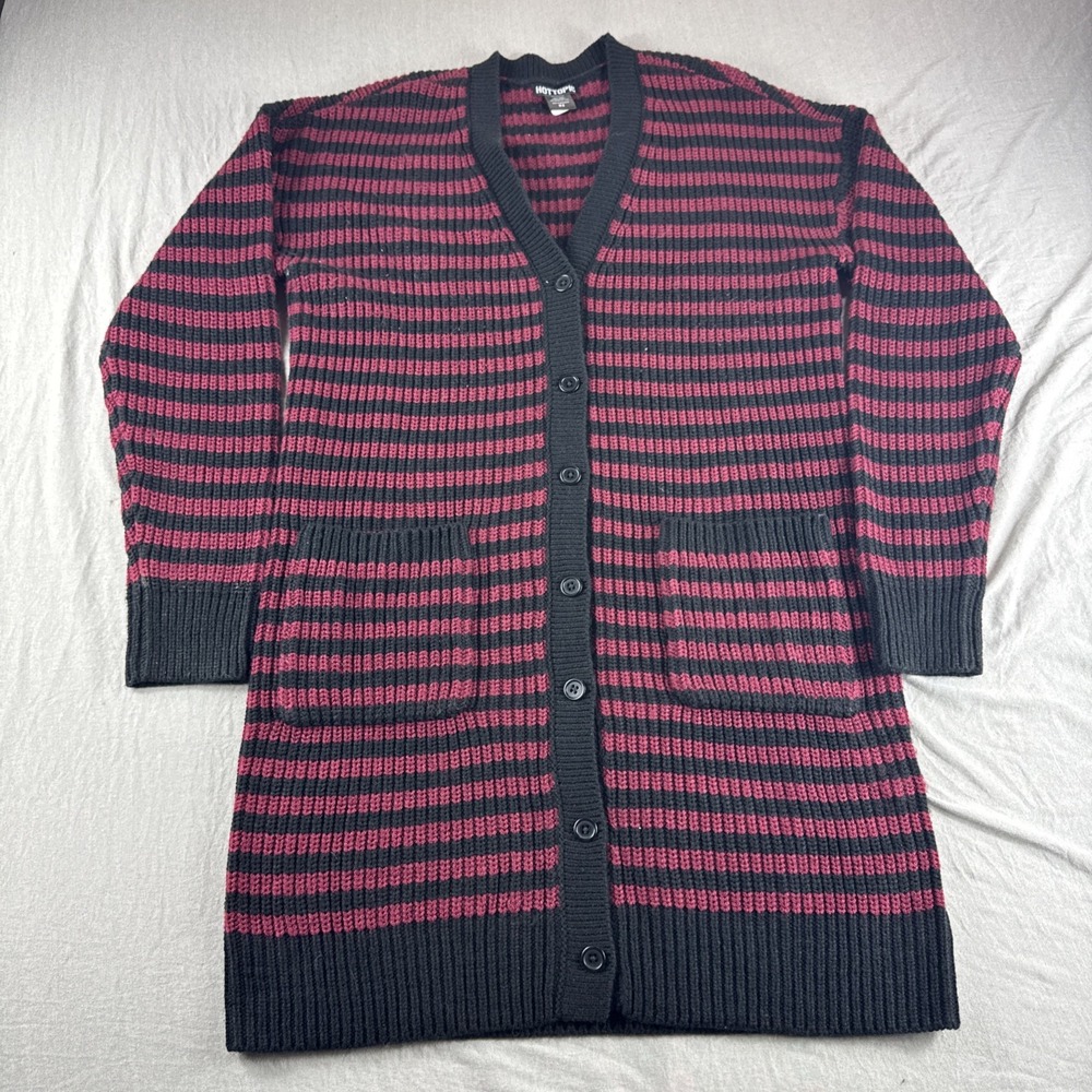 Hot Topic Knit Cardigan Sweater Women M Striped Red Black Button Up Pockets Long